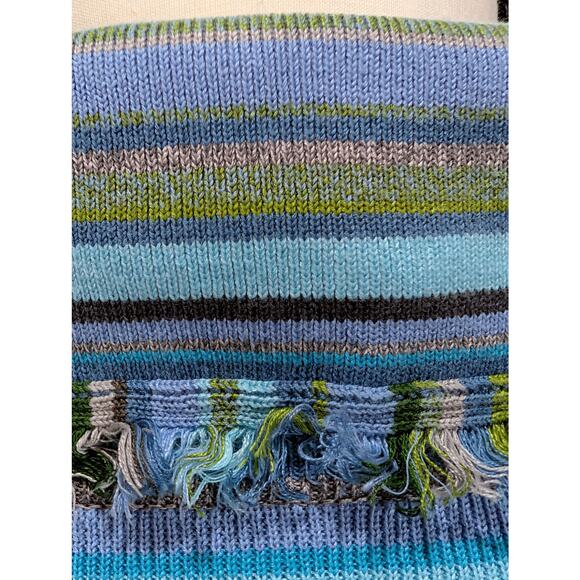 Ingrid Olsen Striped Knit Turtleneck Sweater Large Blue Green Ribbed Fringe Trim - Picture 4 of 9